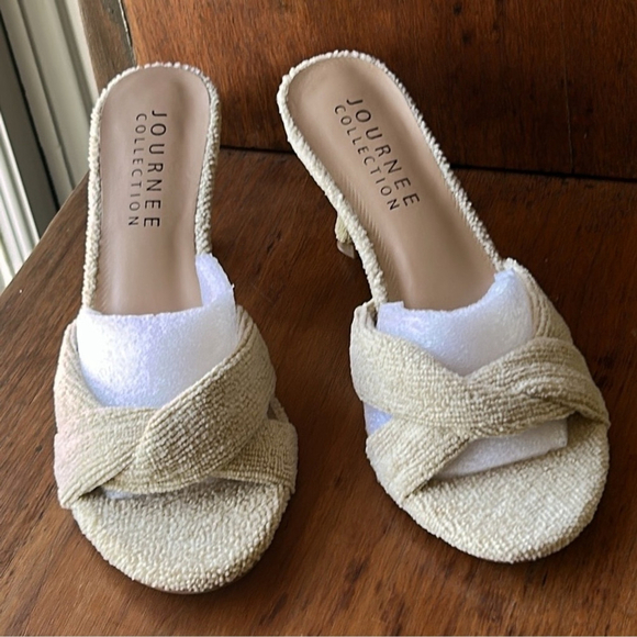 Terry Cloth Tan Women's Heels Kitten Heels Preppy Open Toe Sandals Toweling 2025 - Picture 2 of 15